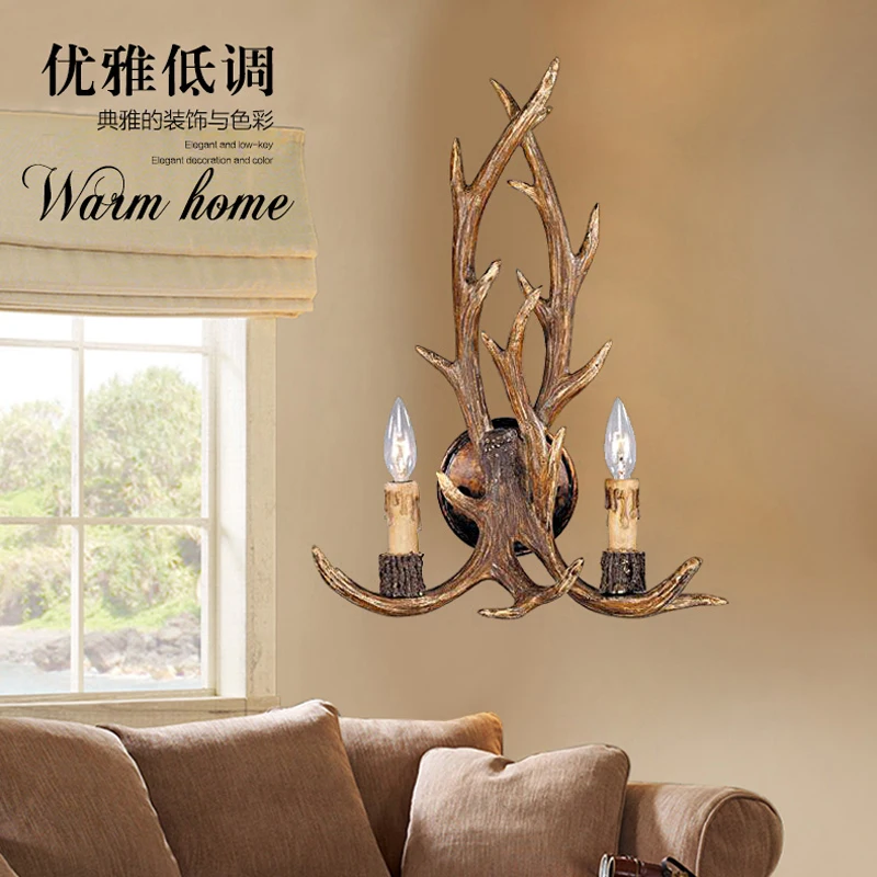 Rustic Retro Resin Antler Wall Sconce 2 Light Fixtures Lamp American Country Wall Light Deer Horn candle Lampshade 110-240V