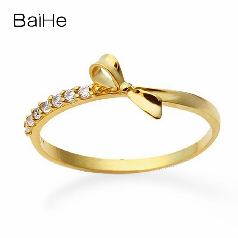 

BAIHE Solid 18K Yellow Gold 0.07ct Round Engagement Natural Diamonds Women Ring Wedding Fine Jewelry Beautiful bow diamond Ring