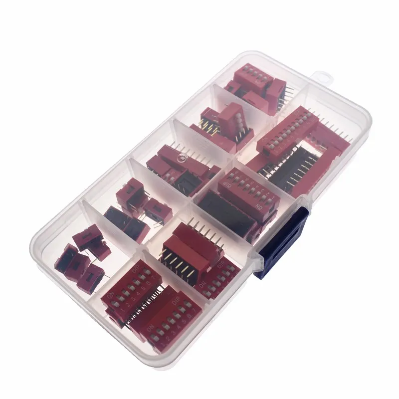 Dip Switch Kit In Box 1 2 3 4 5 6 7 8 10 Way 2.54mm Toggle Switch Red Snap Switches Mixed Kit Each 5PCS Combination Set