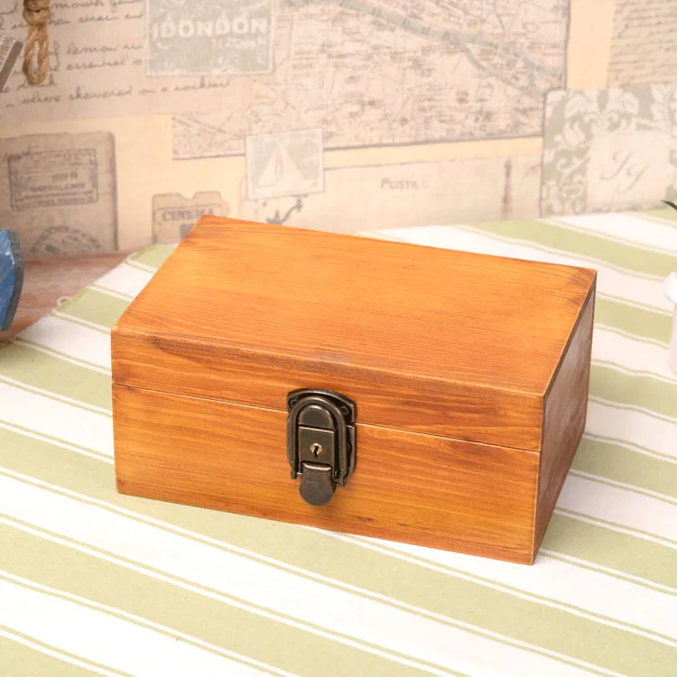 Zakka Vintage Solid Wood Box with Lock Jewelry Secret Diary Letters Storage Box Desktop Organization