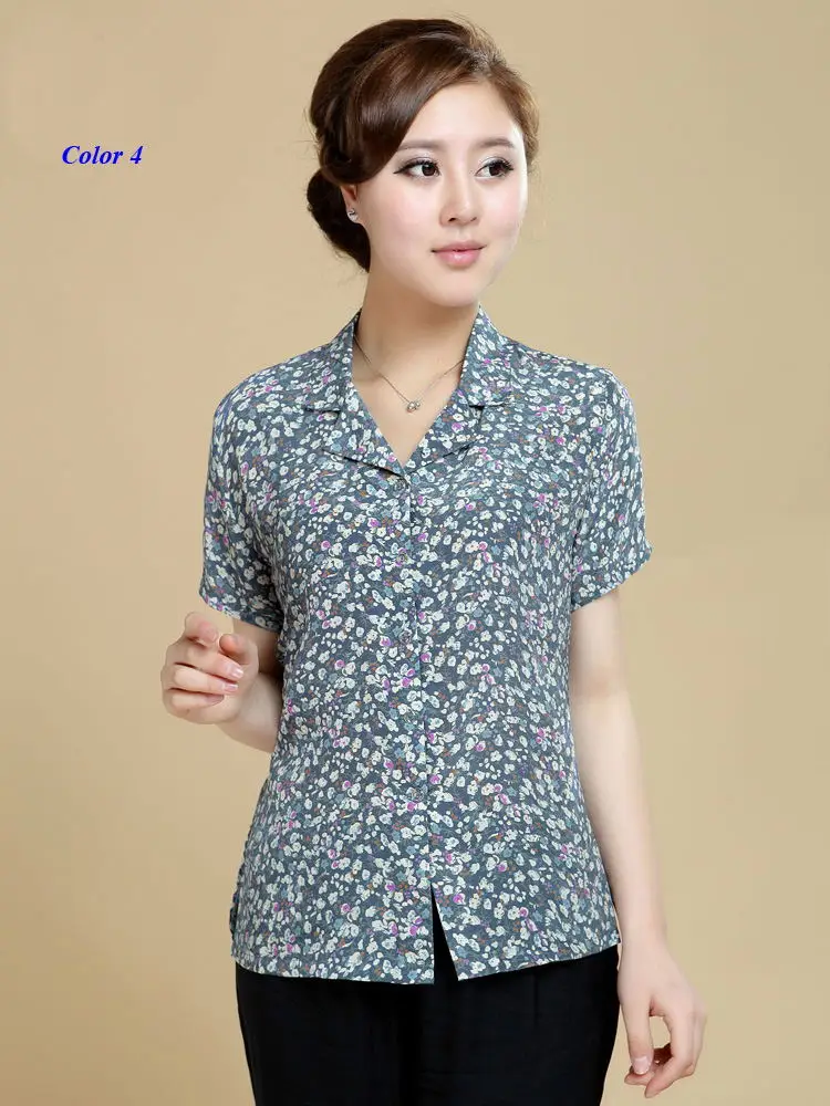 Pure silk notched collar button lady shirt,100% silk crepe-de-chine suit-collar short sleeve print blouse women,with gift mask