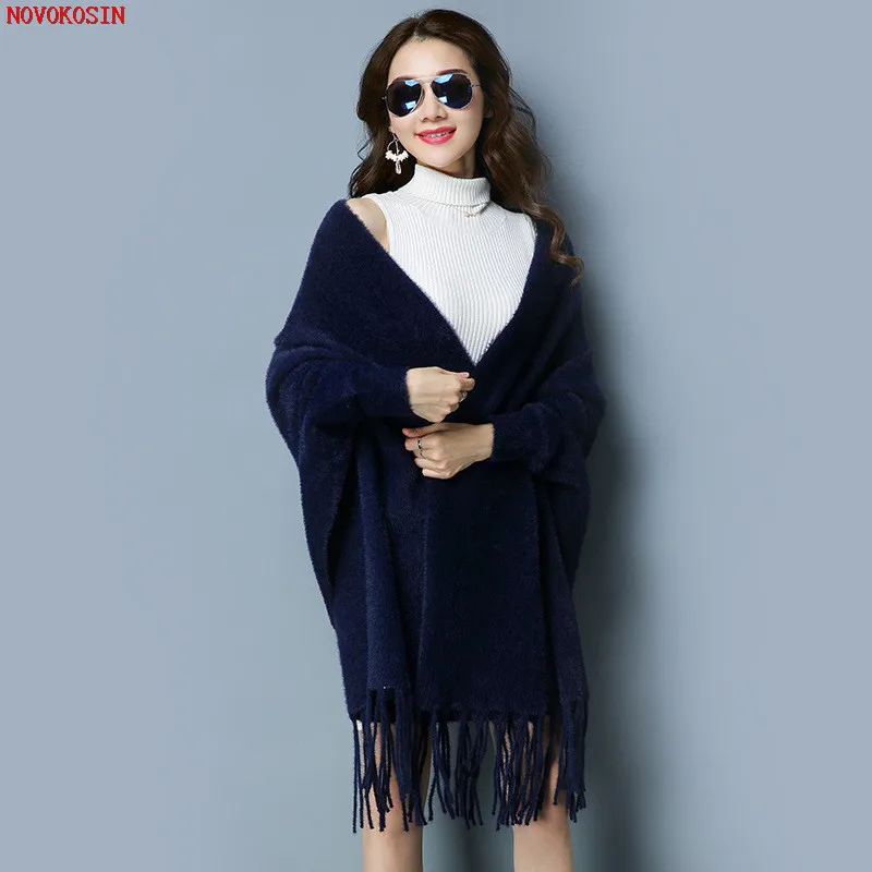 Winter Thick Warm Knitted Tassel Long Pashmina Loose Cape Autumn Fashion Faux Mink Velvet Knitwear Gift For Women Shawl Cloak