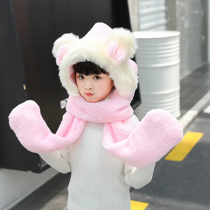 Cute Bear Children Hats with Ears Cartoon Plush Warm Girls Cap Long Hat Earmuff kid Scarf Gloves,Christmas Hats kids Scarves