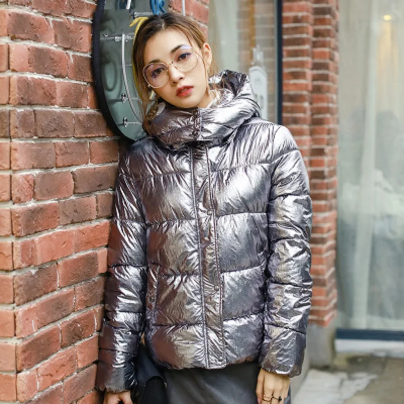 OLGITUM Pro-environment Women Winter Jackets Silver Metal Color Bread Style Ladies Parka Dames Abrigos Mujer Invierno CC389