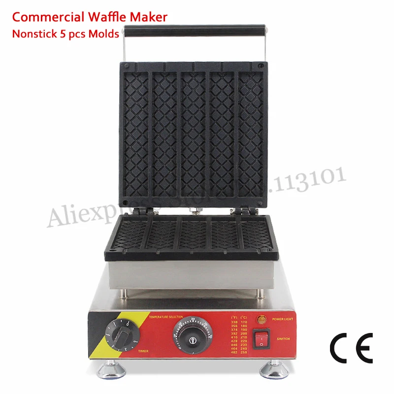 Commercial Long Rectangle Waffle Maker 5 Molds Cake Machine 1500W Stainless Steel Nonstick Cooking Surface