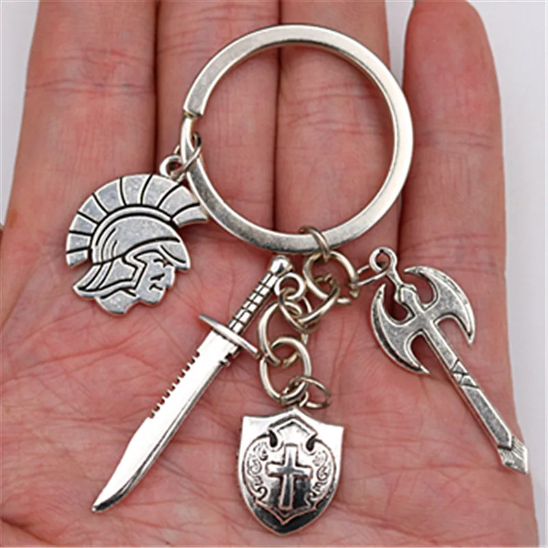 WKOUD 1pc Spartan Warrior Tomahawk Saber Cross Shield Pendant DIY Creative Handmade Jewelry Metal Key Chain A1545