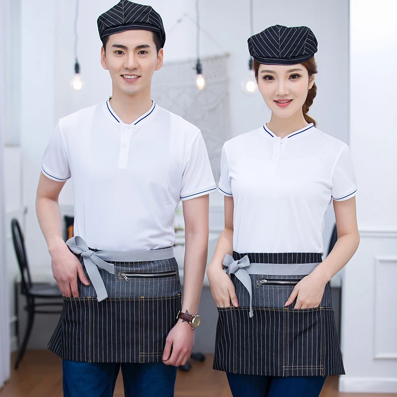 S to 4XL Big Size Restaurant Waiter Uniform Hotel Summer Working T Shirt+Apron Set Catering Waitress Work Clothing Free Shipping