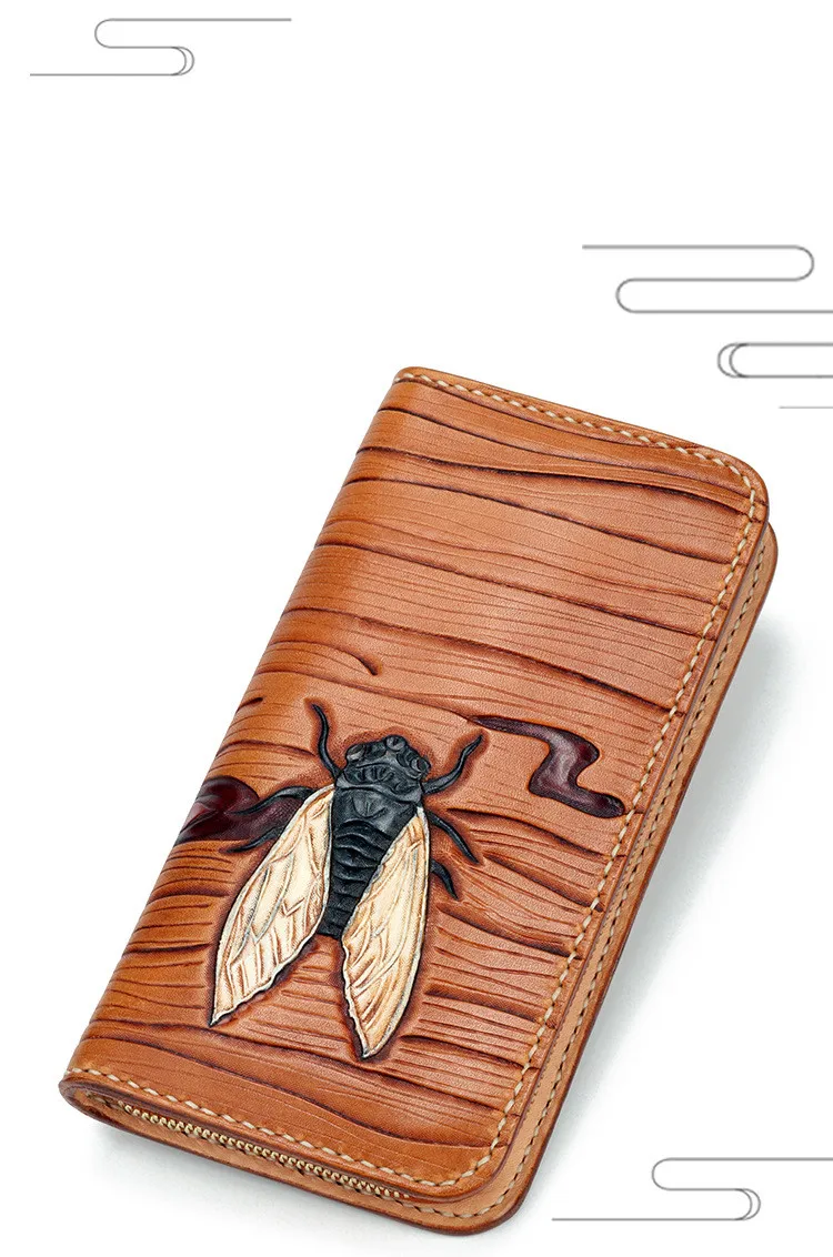 Women Genuine Leather Wallets Carving Cicada Zipper Bag Purses Long Clutch Vegetable Tanned Leather Wallet Valentine Gift