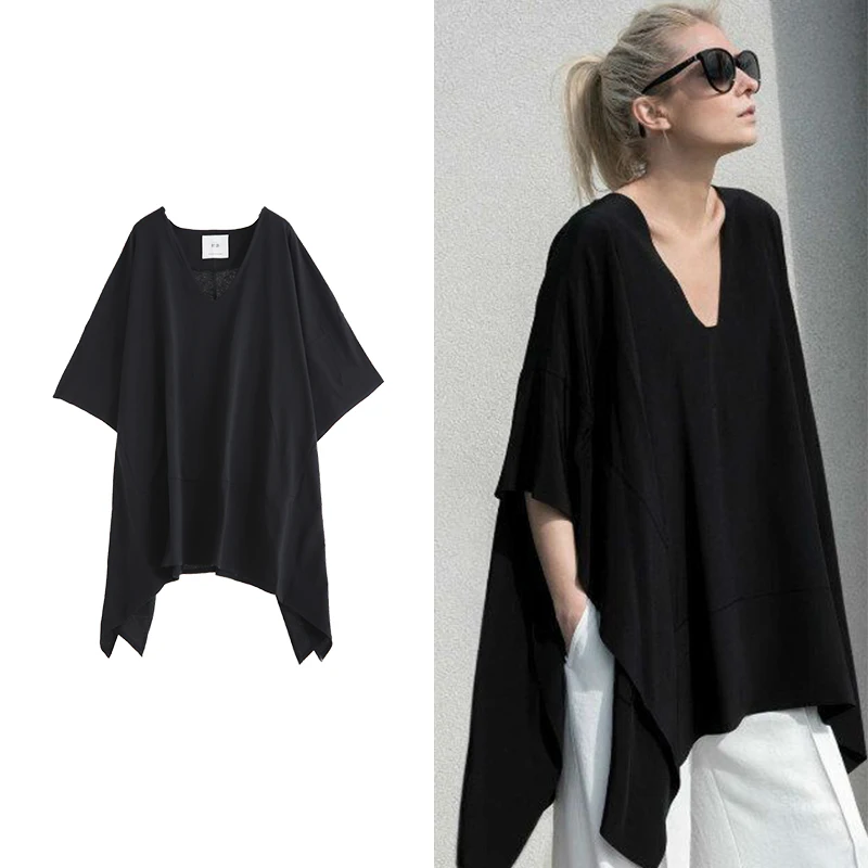 

Women's V-Neck Irregular T-Shirt, Female Loose T-Shirt, Large Size, Thin Bat Sleeve Shirt, Summer Fashion, New, W305