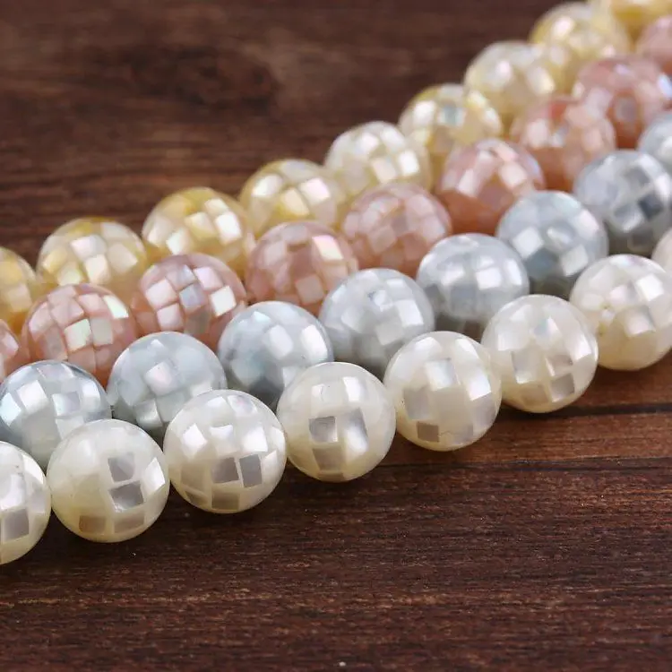 10mm Natural Shell Round Ball Mosaic Beads MOP White Grey Yellow Pink Abalone Shell Loose Beads DIY Jewelry Making