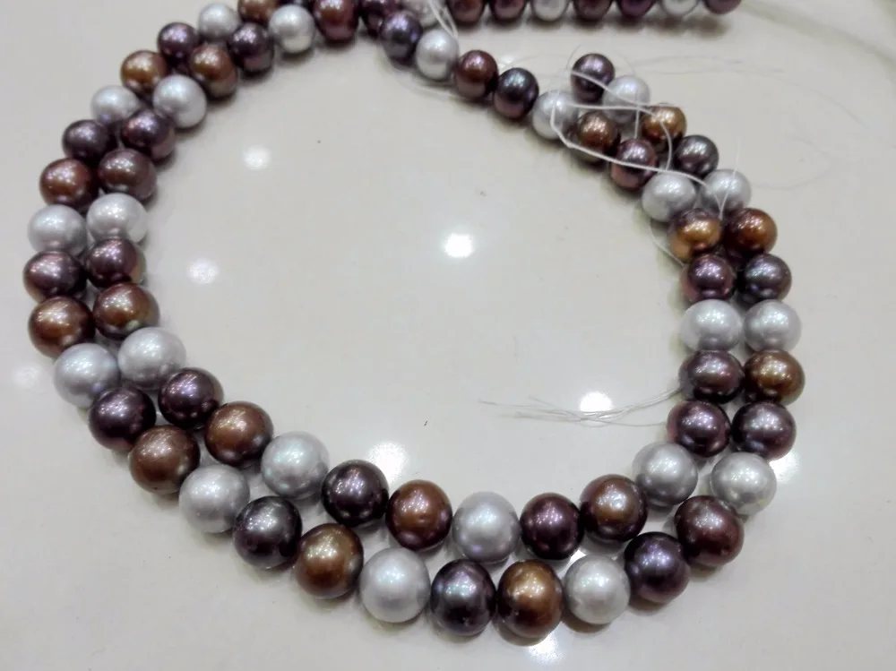 One Strands Real Pearl Bead 10-12mm Gray Brown Blue Mixed Colors Round Pearl Natural Freshwater Pearl loose beads 35cm / 15inch