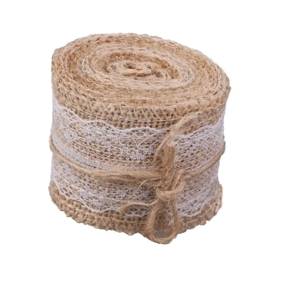 Natural Jute 2m Burlap Hessian Ribbon with Lace Detail,  5cm Widths Party Wedding Decoration Lace Trim  AA8002