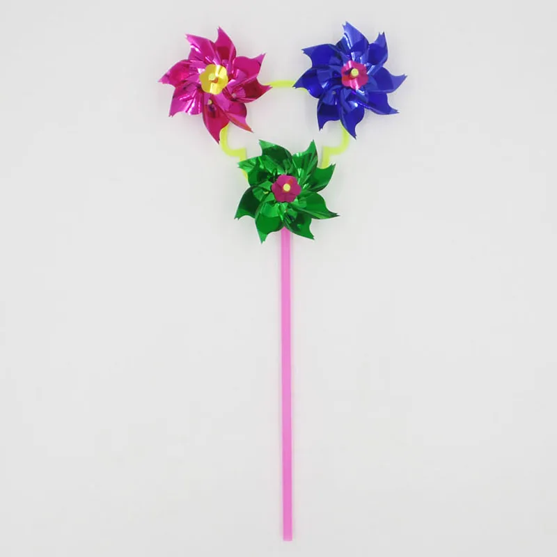 50Pcs/lot colorful plastic three sequins flower windmills  traditional children's toys