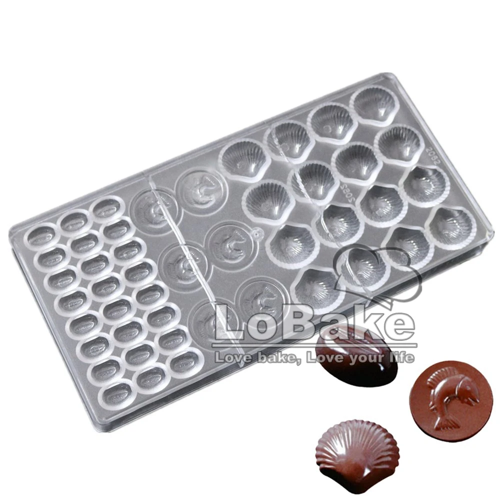 46 cavities dorable sea animals shell fhish bean shape PC Polycarbonate chocolate mold for cocina DIY chocolate baking tools