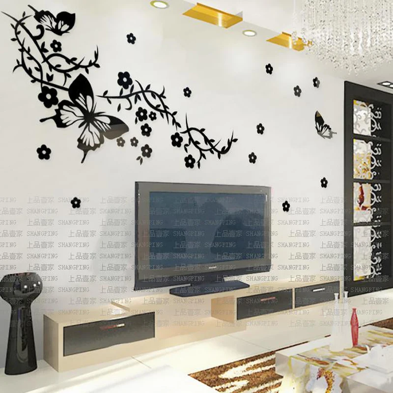 Acrylic flower vine 3d wall stickers Plum flower Butterfly TV background wall decoration Home DIY art wall decor stickers