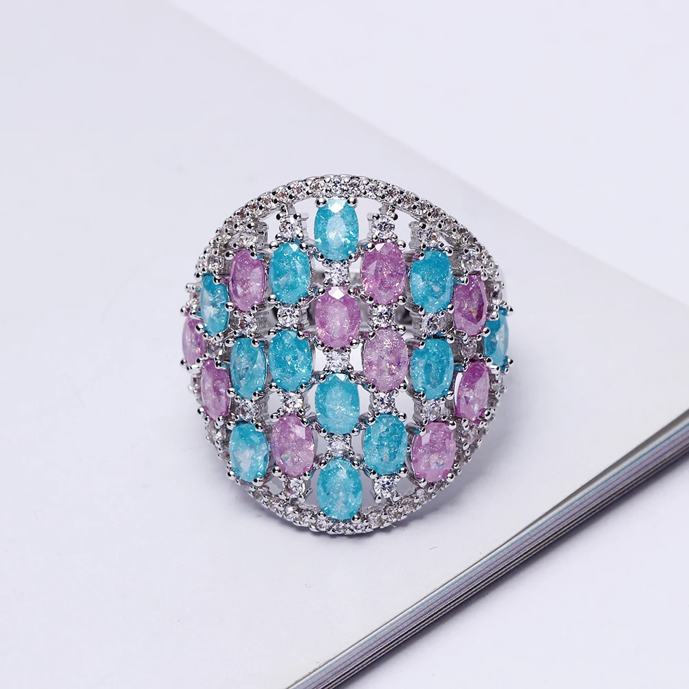 

Colorful Pink Blue Crystal Statement Ring for Women – Trendy Large Size Fashion Jewelry