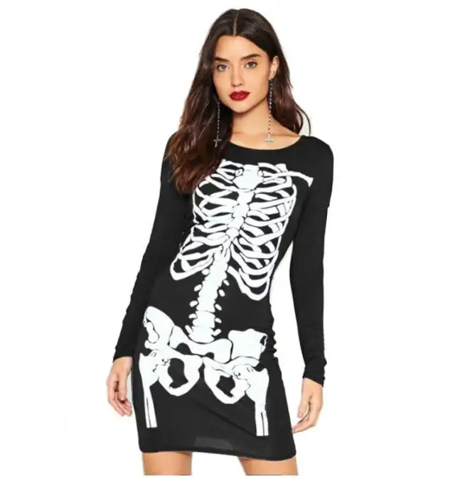 

Women Pencil Dress Autumn Punk Skull Printing O-Neck Long Sleeve Sexy Casual Skeleton Halloween Party Dress