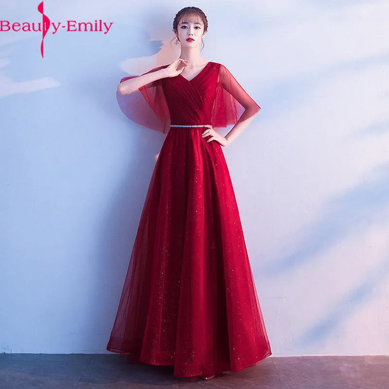 

Beauty Emily Sexy V Neck Long Champagne Evening Dresses 2020 Lace Up Back Half Sleeve Party Maxi Dress Formal Prom Party Dresses