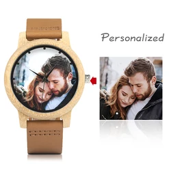 Relojes de fotos personalizados para hombres y mujeres, impresión UV, reloj de madera de bambú personalizado para pareja, novio, aniversario, creativo