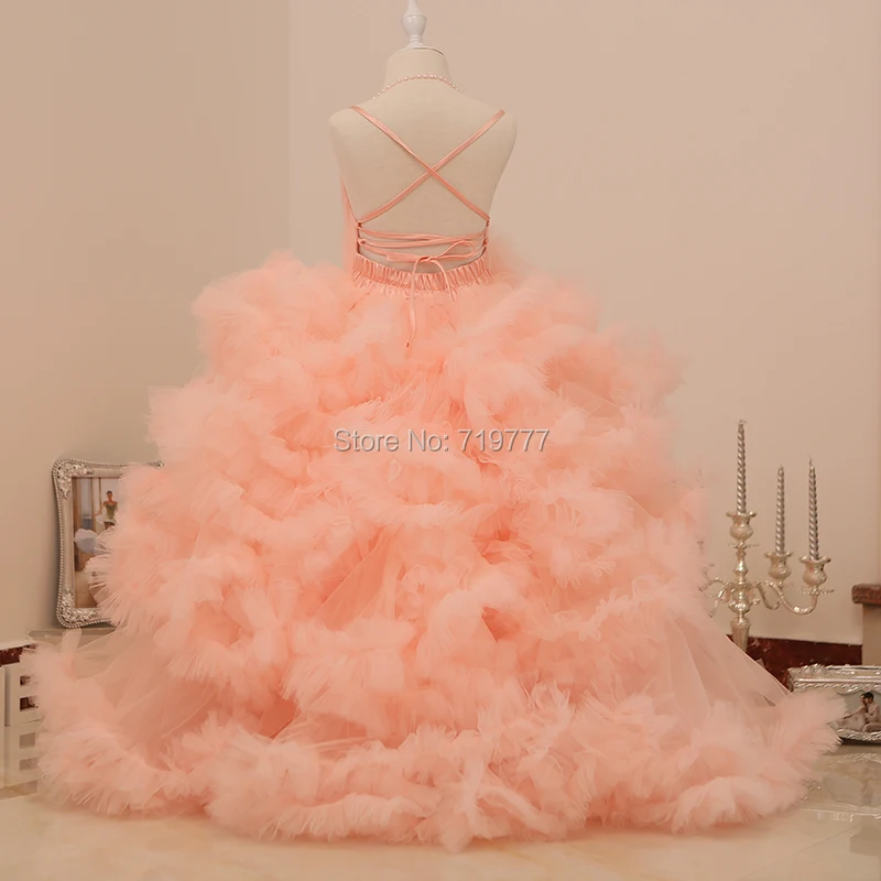 Princess Pink Flower Girl Dresses Custom Made Ball Gown Puffy Pageant Dresses For Girls Glitz Tiered Cloud Kids Prom Dresses