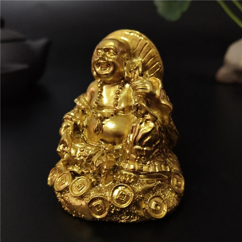 Golden Chinese Laughing Buddha Statue Ornaments Feng Shui Money Maitreya Buddha Sculpture Figurines For Home Garden Decoration