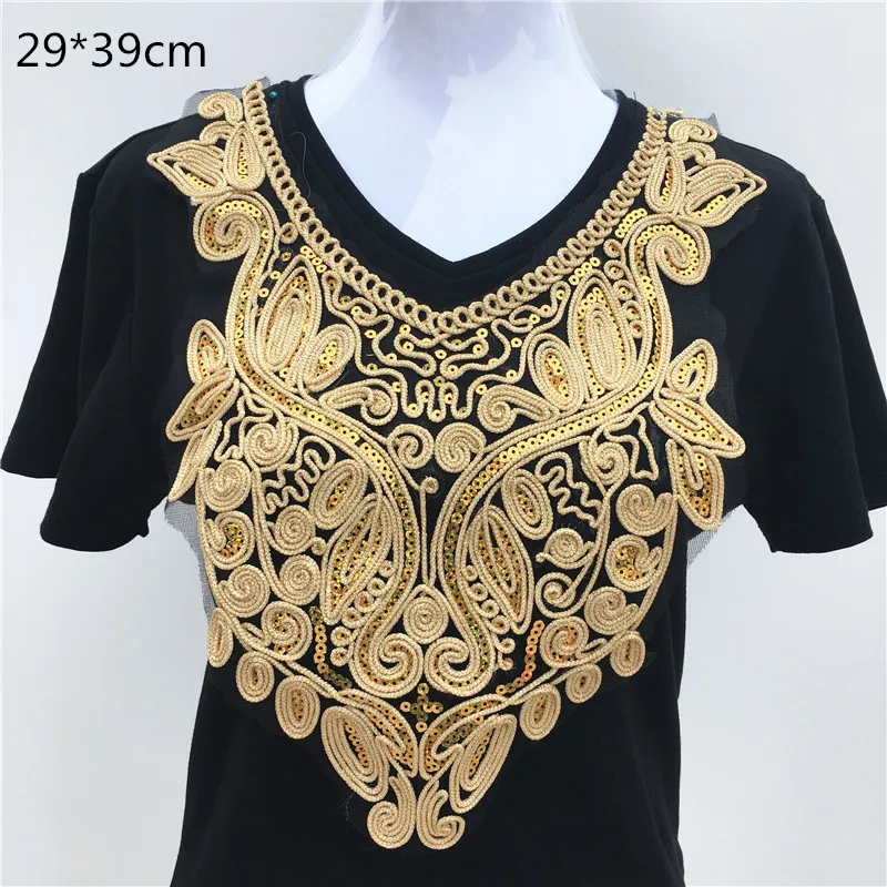 1pc Gold Embroidery Ethnic Style Collar Venise Sequin Floral Embroidered Applique Lace Neckline Collar Garment Accessories