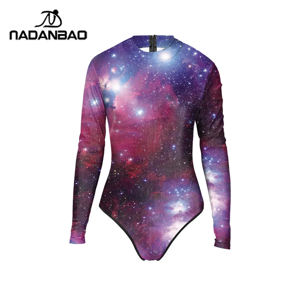 New Arrival One Piece Swimsuit Bathing Surf Suit Purple Galaxy Star Swim SuitPrinted Women Swimwear Loog Sleeve Zippered Y02006