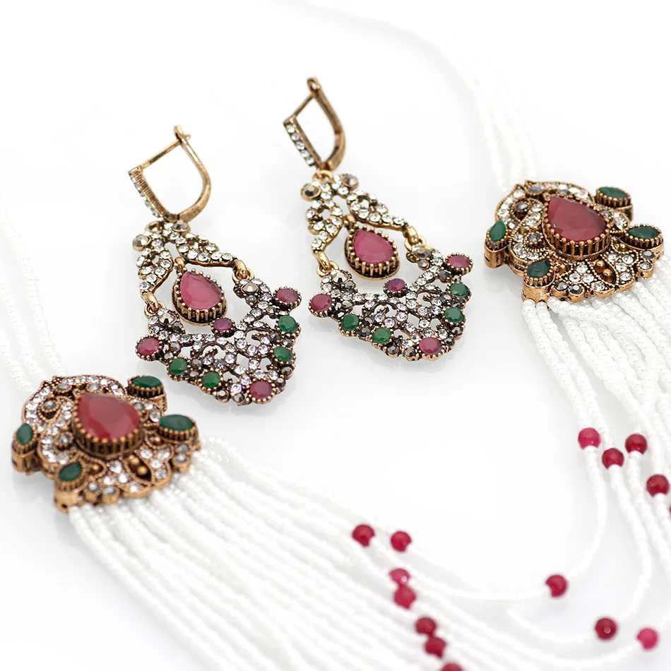 Sunspicems Turkish Women Bead Jewelry Sets Bride Multilayer Chain Necklace Flower Hook Earring Antique gold color Indian Bijoux