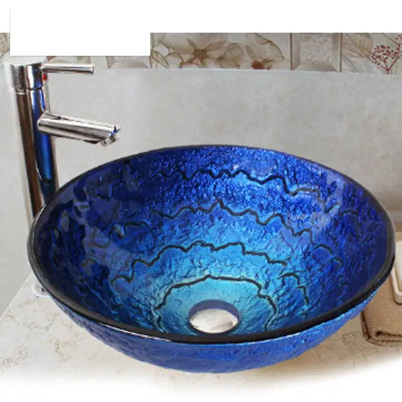 

Bathroom Glass Basin Tempered Round Countertop Natural blue with chrome tap faucet