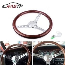 RASTP-15inch 380mm Steering Wheel Classic Sport Wooden Grain Silver Brushed Spoke Chrome Steering Wheel RS-STW015-A