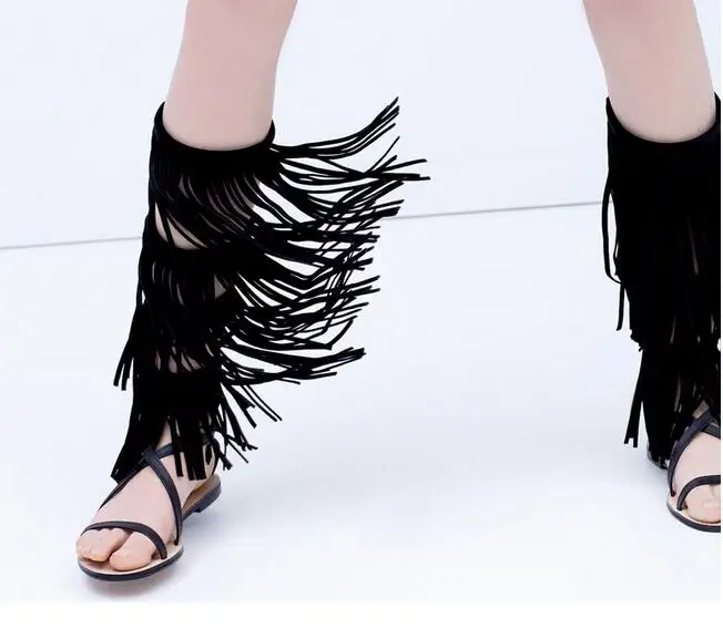 

2017 Summer new solid black tassels flat sandal open toe gladiator sandal boots fringed boots buckles strap summer knee boots