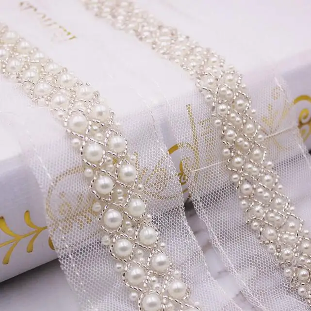 50Yards 2cm Fake Pearl Beaded Lace Trim Vintage Mesh Fabric Paillette Lace Beaded Pearl Trim Braid Lace Applique For DIY Craft