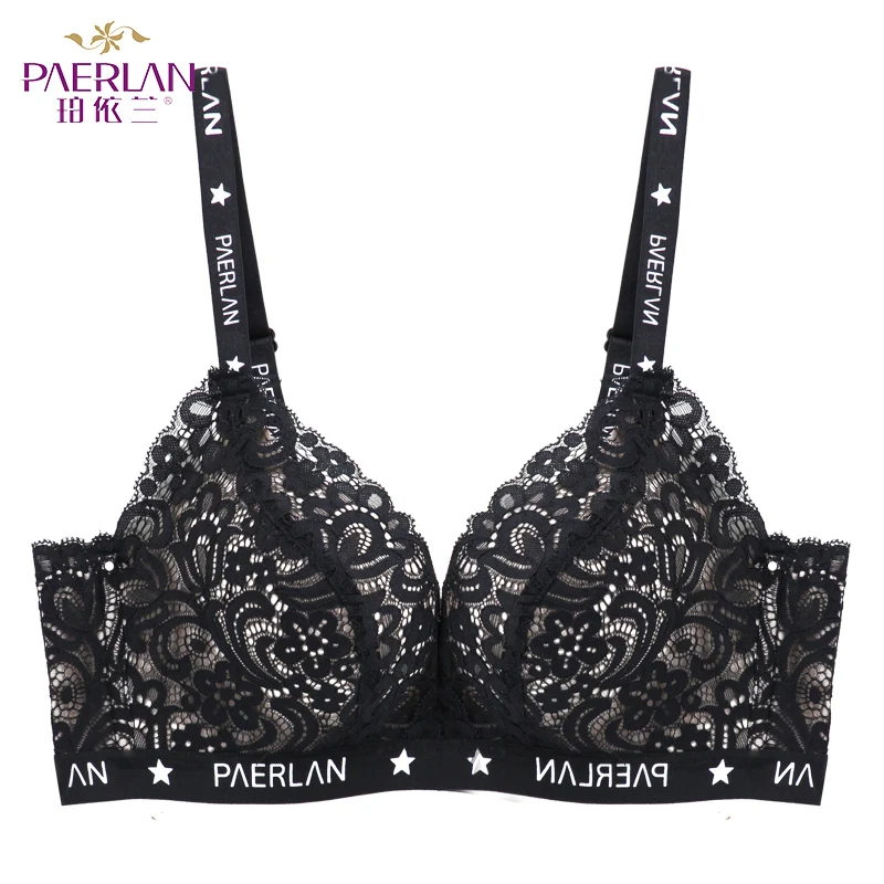 PAERLAN-Sujetador Push Up sin aros para mujer, ropa interior Sexy con letras de encaje, pecho pequeño, se ajusta, Cierre trasero, Copa 3/4, una pieza