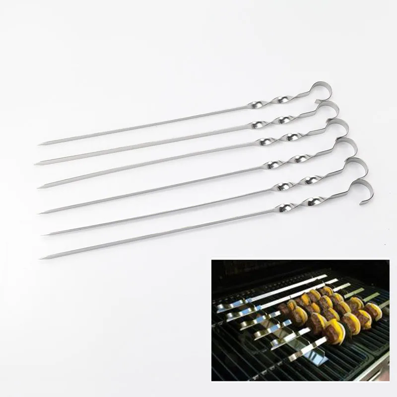 

6 Pieces High Quality 45cm/17.7'' Stainless Steel BBQ Skewers Long Barbecue Kabob Food Meat Sticks Grill Flat Barbecue Forks