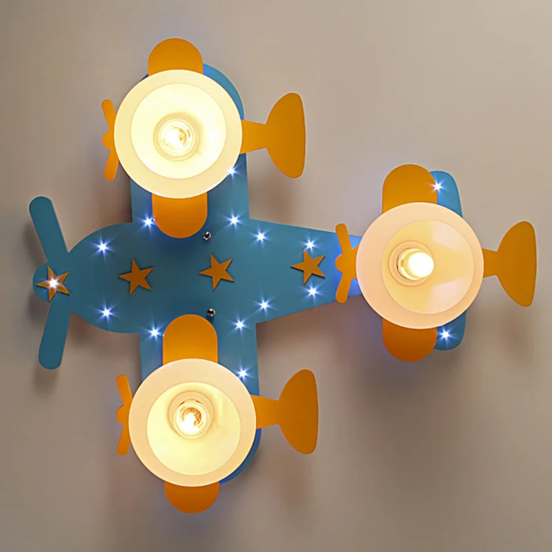 Children Bedroom Ceiling Lamps Modern LED Stars Warcraft Kid 's Study Room Sky Blue Wooden Airplane Ceiling Lamp Light 3 Lighs