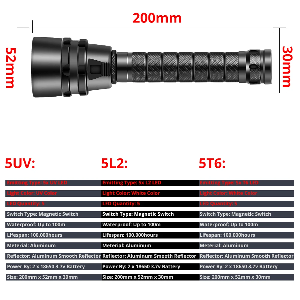 Linterna LED de buceo resistente al agua IP68, potente linterna LED de buceo T6 5L2 5UV, 200M, luz ultravioleta blanca púrpura subacuática