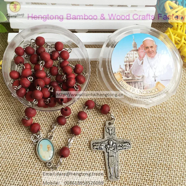 free ship 10pcs/pack perfume Rose scented wood rosary catholic prayer beads with pope center & plastic saint case good offer