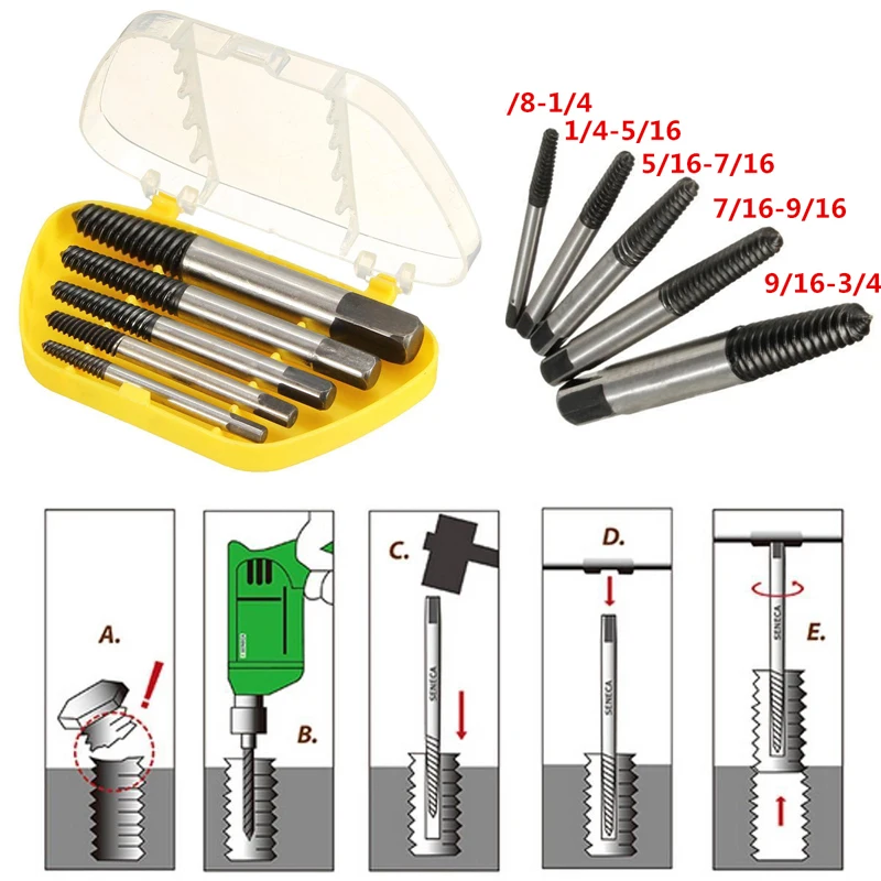 5pcs/1set  Screw Extractor Set Drill Bit Guide Broken Damaged Bolt Remover Easy Out Tool