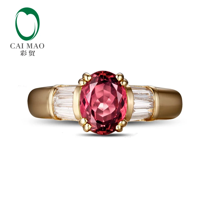 Caimao Natural 1.49ct Tourmaline Diamond Real 14K Yellow Gold Engagement Ring Free Shipping