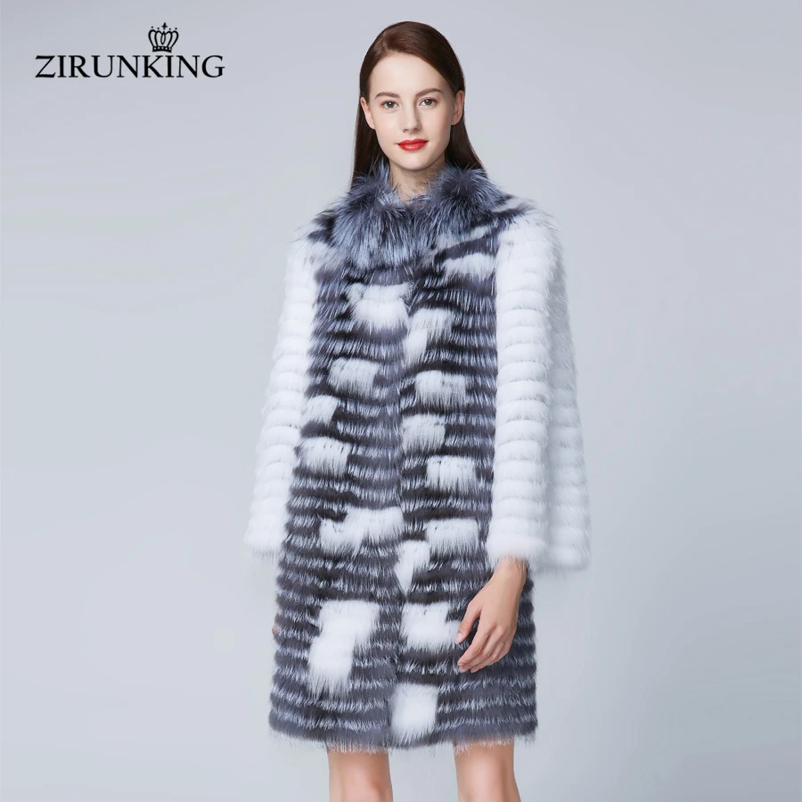 ZIRUNKING Women High Stripe Natural Fox Fur Coat Female Natural White Silver Fox Fur Fashion Outerwear Plus Size ZC1848