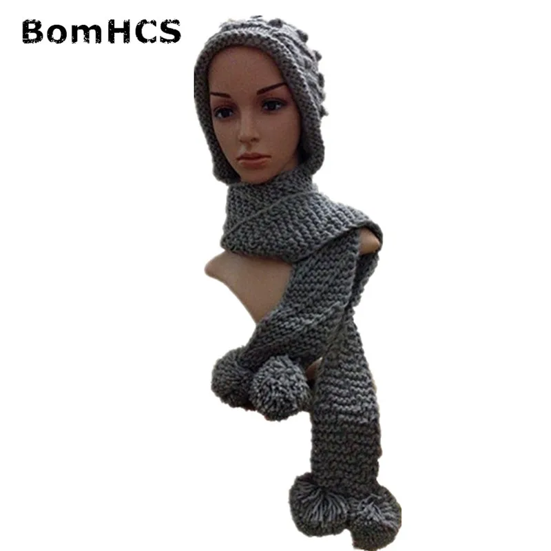 

BomHCS Winter Thick Warm Big Beanie 100% Handmade Knitted Earflap Hat with Scarf Womens Cap