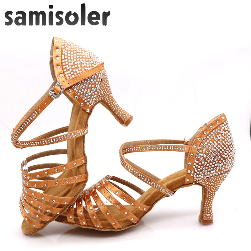 Samisoler Women Party Dance Shoes Satin Shining rhinestones Soft Bottom Latin Dance Shoes Woman Salsa Dance Shoes heel5CM-10CM