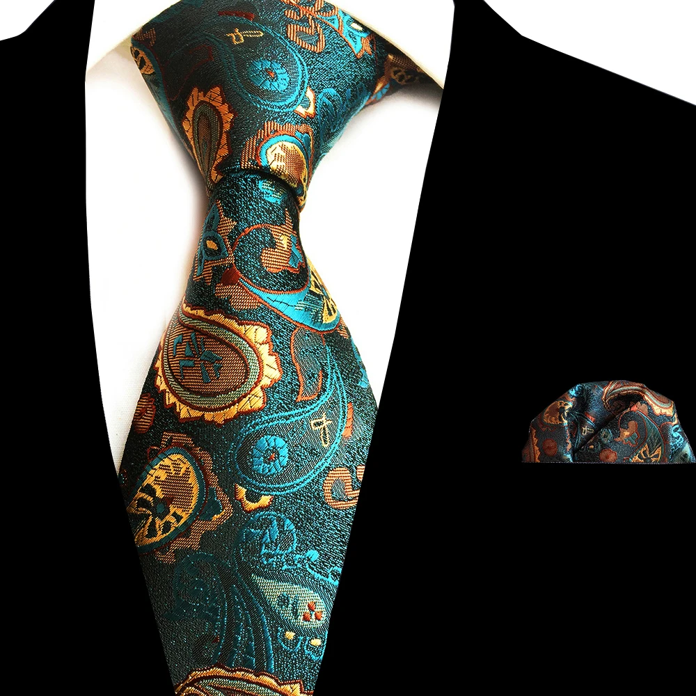 Ricnais New Floral Mens Tie Handkerchief Set Jacquard Woven Silk Neck Tie 8cm Striped Paisley Tie for Men Suit Business Wedding