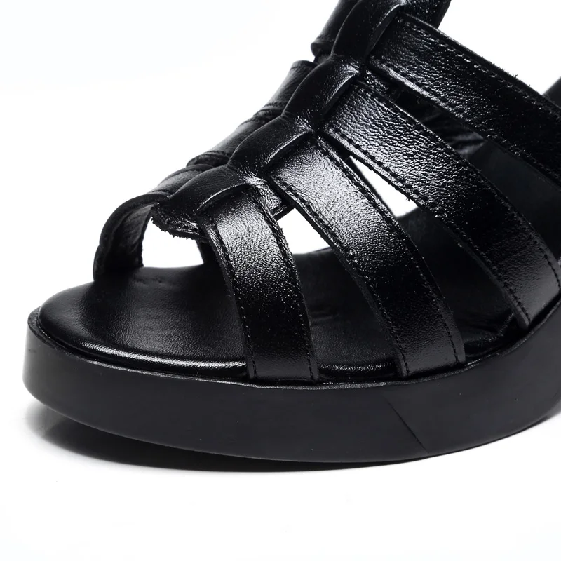 DRKANOL 2024 Cow Leather Women Sandals Black Sexy High Heel Gladiator Sandals Cut-outs Peep Toe Buckle Summer Women Casual Shoes