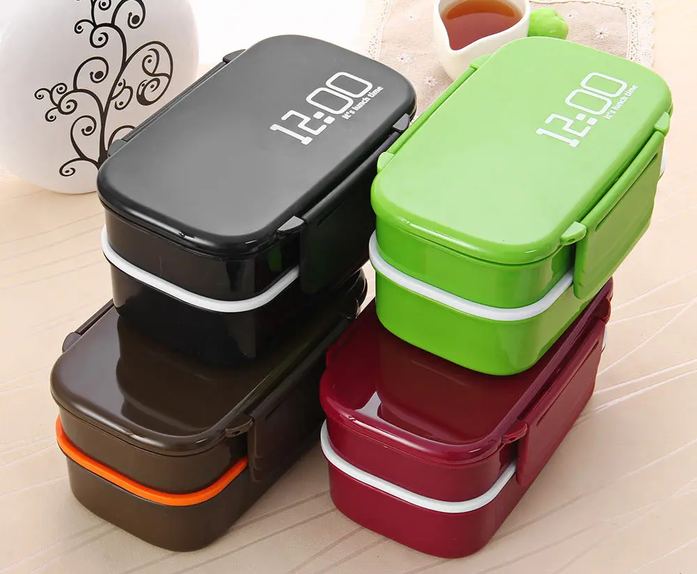 Fun Life 12:00 It's lunch time Japan style double tier Bento Lunch Box,Large meal box tableware Easy-Open microwave oven