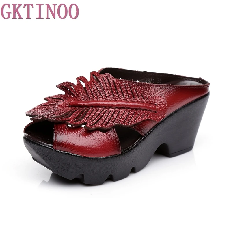 GKTINOO New Ethnic Style Genuine Leather Women Shoes Sandals wedges Slides Handmade Flower Women Summer Slipper