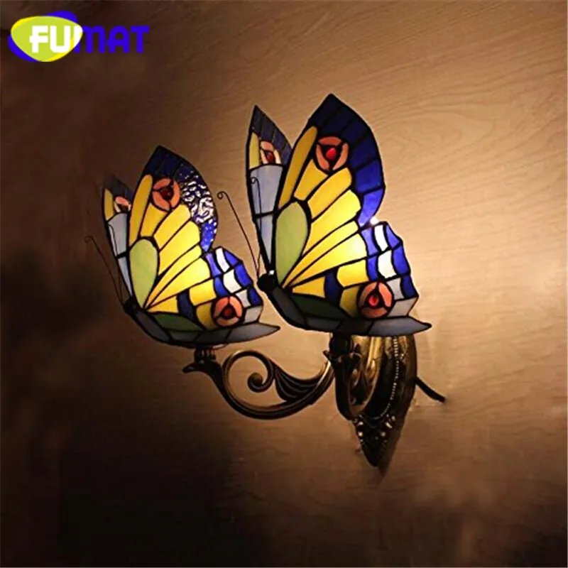 

FUMAT Stained Glass Wall Lamp Tiffany LED Butterfly 2 Arms Wall Sconce Light Fixture Art Lamps Mirror light home deco Wall Lamp