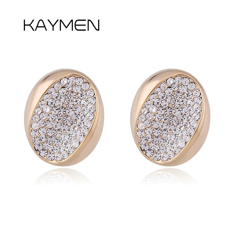 KAYMEN-pendientes de Clip ovalados con diamantes de imitación AAA chapados en oro, joyería de moda para niñas dulces, envío directo, recién llegado