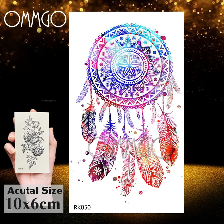 OMMGO Tribal Dream Catcher Feather Temporary Tattoos Sticker Colorful Henna Custom Tattoo Body Art Arm Waterproof Fake Tatoos