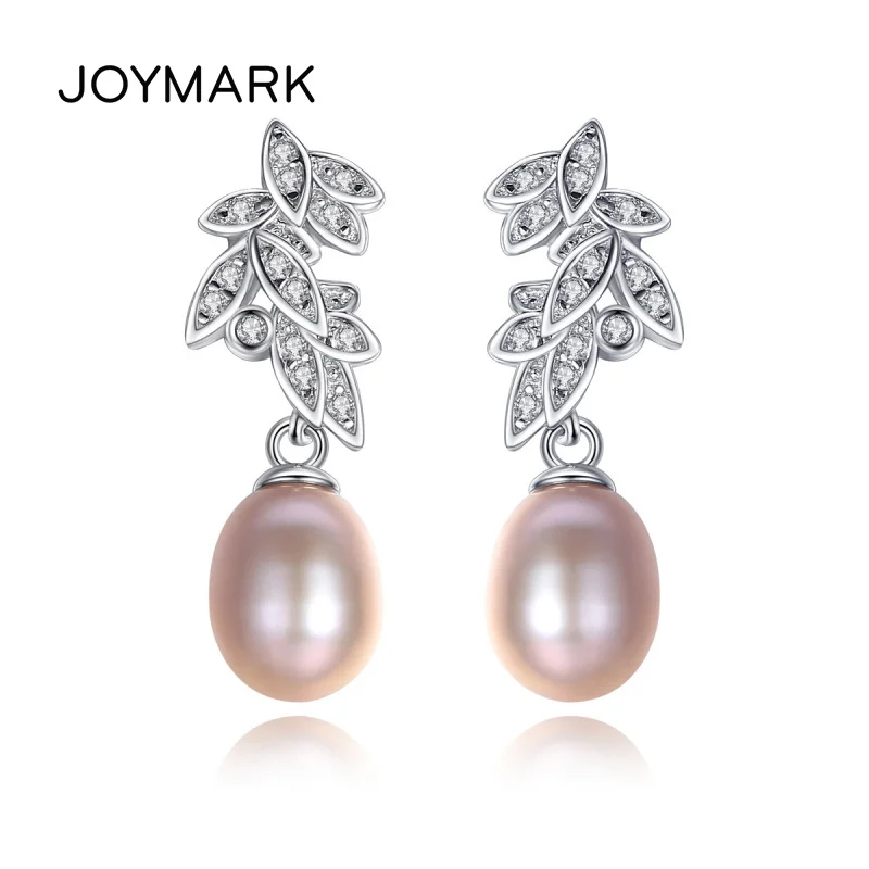 JOYMARK Cubic Zirconia Pave Leaves Style 925 Sterling Silver High Qulity Fashion Jewelry Pearl Dangle Earrings For Women JPSE055